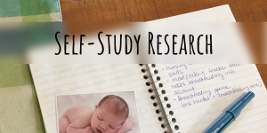 notebook, pen, and baby picture. With text "Self-study research" over top.
